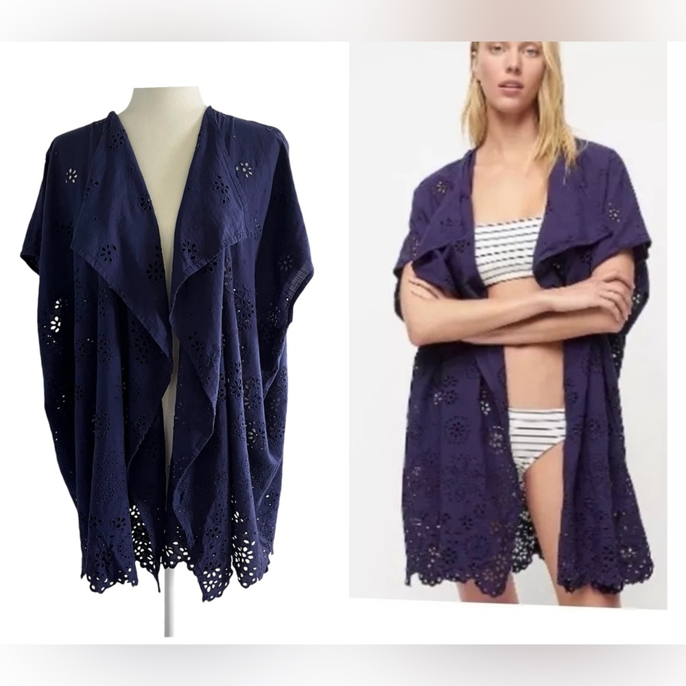 J Crew Eyelet Beach Poncho Sz S M Cover Up Indigo Blue Organic Cotton Cardigan